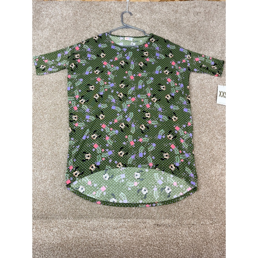 NWT LuLaRoe Disney Irma Tunic Top XXS Olive Green Minnie Mouse Floral Polka Dot